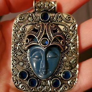 New Carved Blue Goddess Face Blue Topaz 925 Silver Pendant.